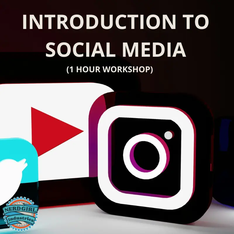 Black background. In the bottom half of the image, in various sizes, is the icons for Twitter, Instagram, and YouTube. Above the icons in white text it says, "Introduction to Social Media" and the next line below is "(Workshop 1 Hour) also in white text. The Nerd Girl Industries logo is in the lower left hand corner. The image is by Aman Pal from Unsplash.
