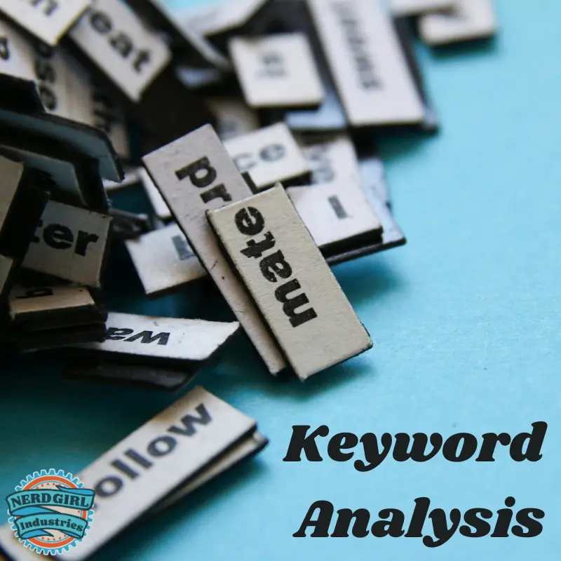 Pale blue background. Left hand of the image is stacks of word magnets. In the lower right hand corner is black text, "Keyword Analysis." In the lower left hand corner is the Nerd Girl Industries logo.