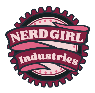 Burgandy gear that says "Nerd Girl Industries."